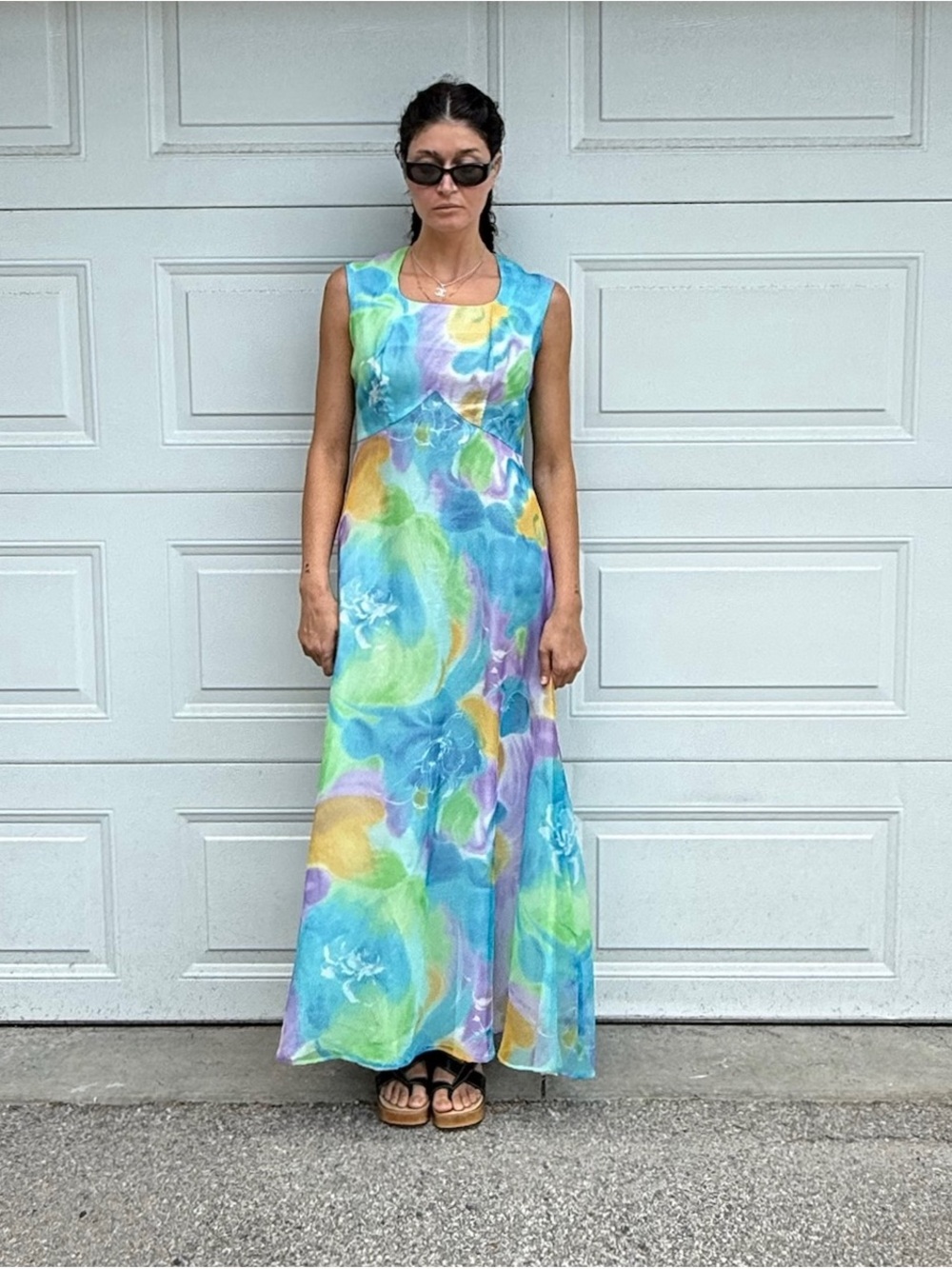 Vintage 60s Sleeveless Pastel Watercolor Maxi Dress - Blue Purple Green Large